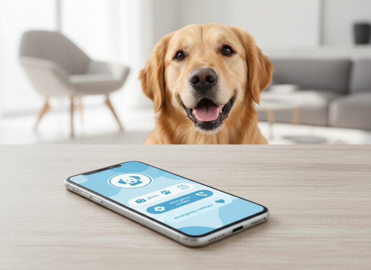 Dog beside a smartphone showing a digital pet profile