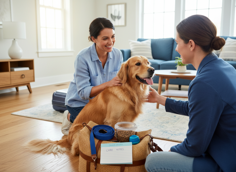 Dog prepared with essentials for an arriving pet sitter
